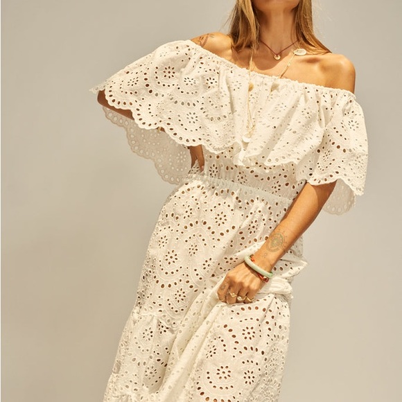 Miguelina Dresses & Skirts - Miguelina Eyelet Knit Off Shoulder Mini Dress
